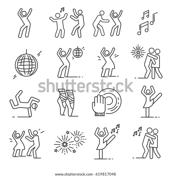 Set of dancing Related Vector Line Icons.\
Includes such Icons as disco, dance, ballet, music, breakdancing,\
fireworks, slow dance,\
discolor