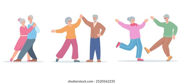 Set of dancing senior man and woman. Happy Elderly couple dance. Old active people, healthy lifestyle and hobbies concept. Vector cartoon or flat illustration isolated on white background.