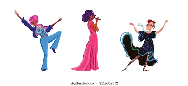 Set of dancing and singing women of different ages
