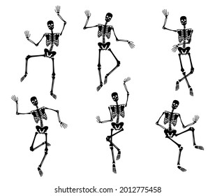 Set of dancing skeleton. Collection of silhouette skeletons in dance. Happy Halloween. Human anatomy. Vector illustration isolated on white background.