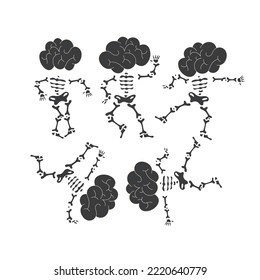 Un conjunto de esqueletos bailando con el cerebro en lugar de un cráneo aislado en un fondo blanco. Ilustración vectorial.