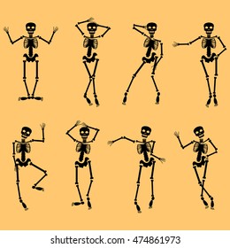 Set of dancing skeletons isolated on orange