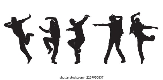 Set of dancing street dance silhouettes in urban style on white background  vector illustration