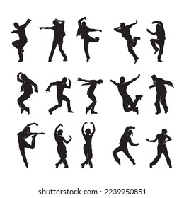 Set of dancing street dance silhouettes in urban style on white background  vector illustration