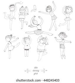 Set of dancing young girls, isolated on white, fun, kind, in dance studio. Kids in different  dynamic poses, with raised hands and legs. Characters in different age, complexion. Black and white image