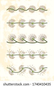 Set of dandelion borders on light yellow textured backdrop. Vintage floral card. Desig for textile, tape, paper, fabric.