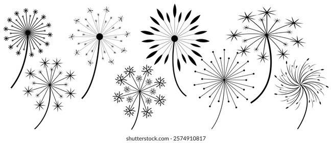 Set of dandelion sign. Vector black thin line dandelion flower logo.