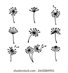 Set of dandelion silhouettes. Black and white Vector Illustration