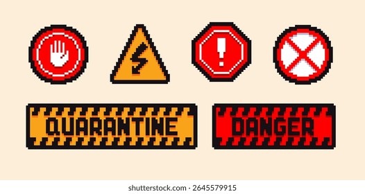 Conjunto de sinais de perigo e atenção, ícones de pixel. Conjunto de botões de pixel de 8 bits. Ilustrações de vetor isoladas de coleção