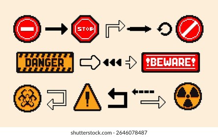 Set of the danger and attention signs, pixel icons. 8 bit pixel button set. Collection isolated vector illustrations