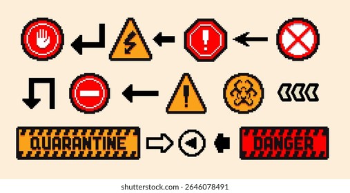 Set der Gefahren- und Aufmerksamkeitszeichen, Pixelsymbole. 8-Bit-Pixel-Tastensatz. Kollektion einzelne Vektorgrafiken