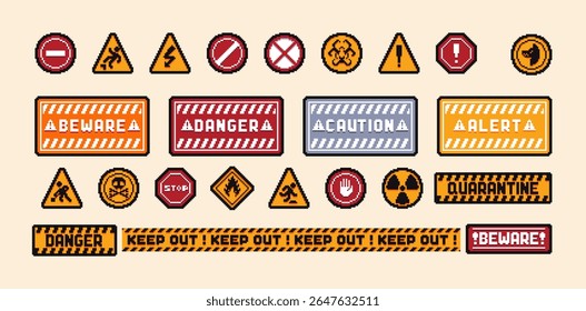 Set of the danger and attention signs, pixel icons. 8 bit pixel button set. Collection isolated vector illustrations
