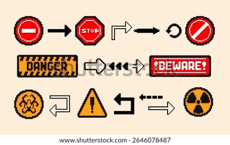 Set of the danger and attention signs, pixel icons. 8 bit pixel button set. Collection isolated vector illustrations
