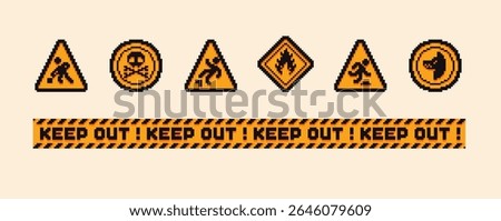 Set of the danger and attention signs, pixel icons. 8 bit pixel button set. Collection isolated vector illustrations