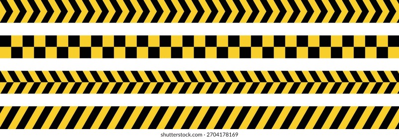 Set of danger construction tapes, yellow and black warning stripes with checked border vector illustration for warning