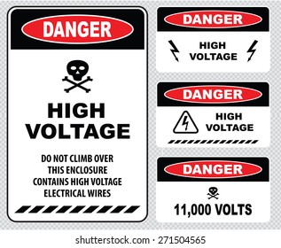 set of Danger High Voltage signs (high voltage do not climb over this enclosure contains high voltage electrical wires, danger 11000 volts)