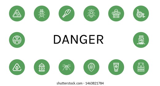 Set of danger icons such as Falling rocks, Beetle, Weapon, Louse, Thief, Wheelchair, Flammable, Hydrant, Spider, Firefighter, Sunscreen, Vest, Radiation, Ammo , danger