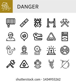 Set of danger icons such as Flood, Water hose, Belt, Beetle, Barrier, Axes, Suspect, Fire location, Skull, Uneven, Cigarette, Snake, Builder, Alarm, Railroad crossing , danger