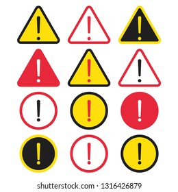 Set Of Danger Sign. Attention Symbol With Exclamation Mark Icon. Risk Sign Black, Red And Yellow. Caution Error. Vector Illustration