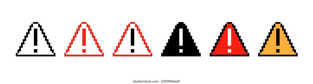 Set of danger sign line icon. Fear, risk, threat, anxiety, attention, fire, warning, pixel style. Multicolored icon on white background