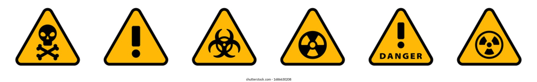 Set of danger signs isolated on yellow background. Vector illustration