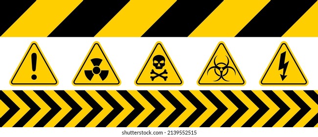 Set with danger signs. Triangle and ribbon warning label. Hazard marks.