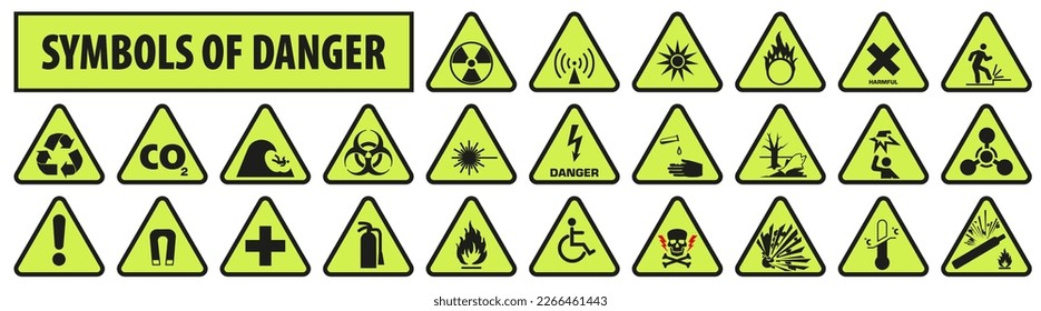 Set of danger signs, triangular shape. Eps 10 vector graphics.