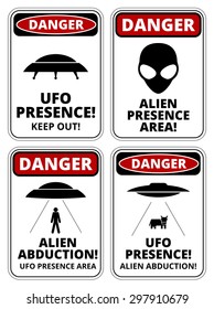 Set of Danger signs for UFO, aliens abduction theme, vector illustration