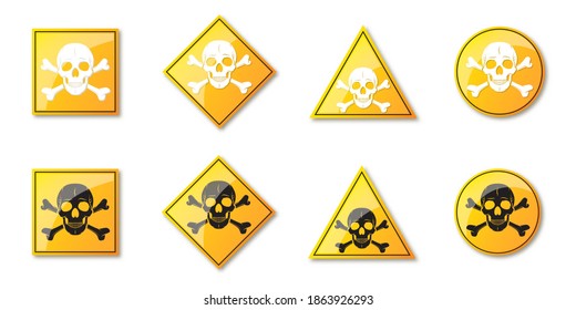 Set of danger signs. Vector illustration. Warning symbols with human skull. Yellow hazard sign