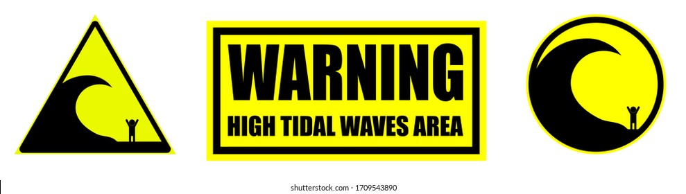 Set of danger signs of a zone of high waves on a yellow background. Isolated vector