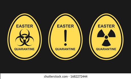 Set of danger symbols in the shape of eggs. Easter quarantine due to global outbreak. Flat style.