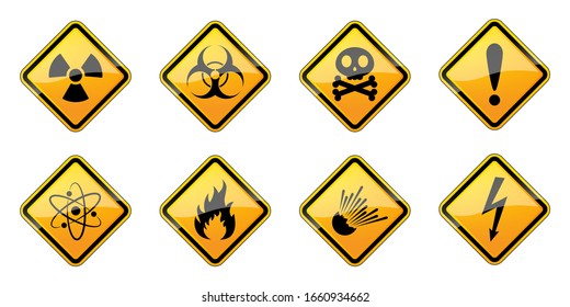 Set of danger symbols. Vector set of safety signs. Set of yellow warning hazard signs. Vector illustration.