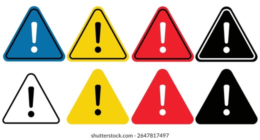 Set of danger triangle vector icon. Warning icon. Attention sign. report icon, error. Exclamation mark in triangle icon isolated on transparent background.