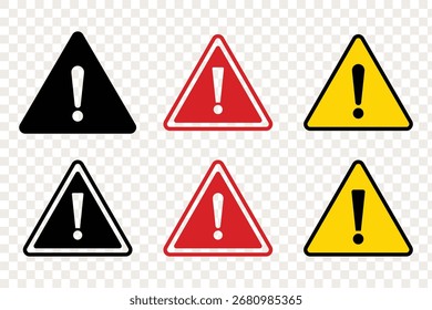 Set of danger triangle vector icon on isolated transparent background, caution, warning icon, exclamation marks, attention, error. vector illustration