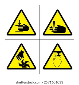 Set of danger triangle yellow background signs danger when working with moving parts of mechanisms