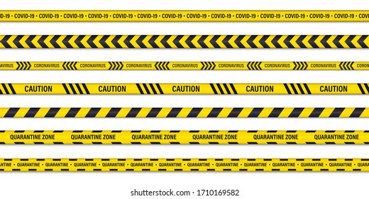 Set of danger or warning caution seamless tapes. Quarantine caution tape. Coronavirus danger stripe. Covid-19 danger, attention tape. Novel coronavirus outbreak, global lockdown, Biohazard