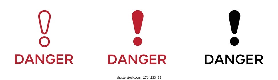 Conjunto de sinais de perigo com pontos de exclamação. Ícone de perigo. Ponto de exclamação em negrito com a palavra DANGER vetor illustration. Indica perigo, alerta ou aviso crítico. 