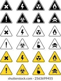 Set of Danger Warning Symbols Hazard Icons, Safety Signs, electrical, radiation, 
biohazard, explosive, fire, and general danger
