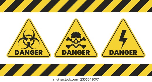 Set of danger yellow vector signs. Radiation signs, electrical signs, toxic signs.