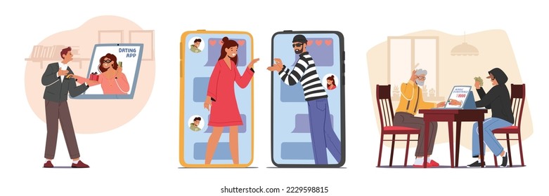 Set Dangerous Acquaintance Online. Male and Female Characters Dating with Cheaters in Internet. Scammers Cheat People in Internet Defraud their Money. Cartoon People Vector Illustration