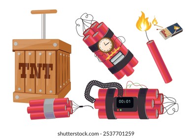Set aus gefährlichem Dynamit im Cartoon-Stil. Vektorgrafik von Dynamit, explosiven Mischungen mit einem Timer, Feuer, eine Box mit Streichhölzern, eine Box mit der Aufschrift TNT einzeln auf weißem Hintergrund.
