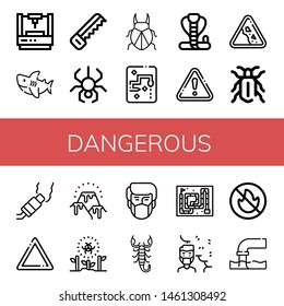 Set of dangerous icons such as Laser, Shark, Saw, Spider, Beetle, Snake, Cobra, Warning, Falling rocks, Pollution, Lava, Radioactive, Scorpion, Air pollution, No fire allowed , dangerous