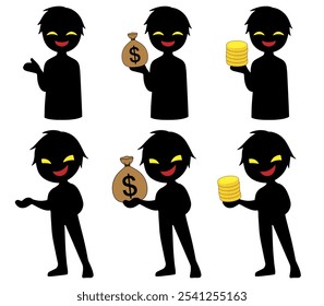 A set of dangerous images of black silhouette villains and money