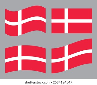 Set of Danish flag icons. Collection of isolated Denmark flag, vector illustration.