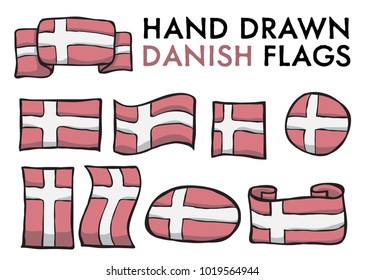 Set of Danish Hand Drawn / Doodled National Flags. High-Quality Vector Illustration. Grouped, Ready To Use!