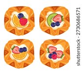 Set of Danish Pastries with Fresh Fruit Toppings Vector Illustration