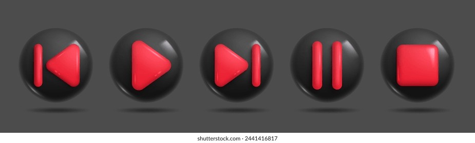 A set of dark 3D multimedia control buttons (play, pause, stop, rewind, fast-forward) with a transparent background. 3d Set of Vector Icons.