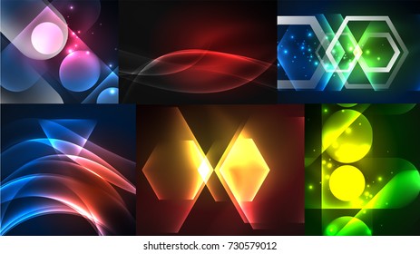 Conjunto de planos de fundo abstratos escuros com formas geométricas brilhantes. Planos de fundo da tecnologia digital de vetor