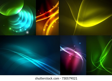 Set of dark abstract backgrounds with glowing geometric shapes. Vector digital technology backgrounds