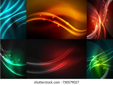 Set of dark abstract backgrounds with glowing geometric shapes. Vector digital technology backgrounds